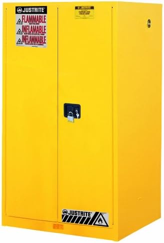 JUSTRITE Manufacturing 899000 Yellow 18 Gauge CR Steel Sure-Grip EX Flammable Safety Cabinet with 2 Manual-Close Door, 90 gal Capacity, 43" W x 65" H x 34" D, 2 Shelves