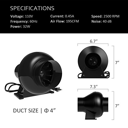 image for Growneer 4 Inch 195 CFM Inline Duct Fan, HVAC Mixed Flow Energy Effici