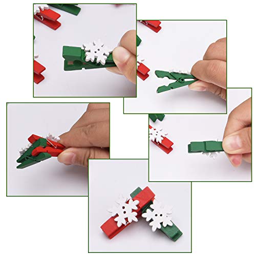 Livder Christmas Clips, 100 Pieces Snowflake Wooden Clothespins Red Green Pegs for Christmas Party Decorations