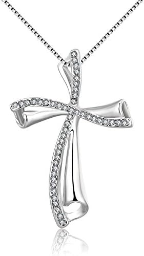 White Gold Tone CZ Pave Swirl Religious Cross Pendant Necklace with Adjustable Chain