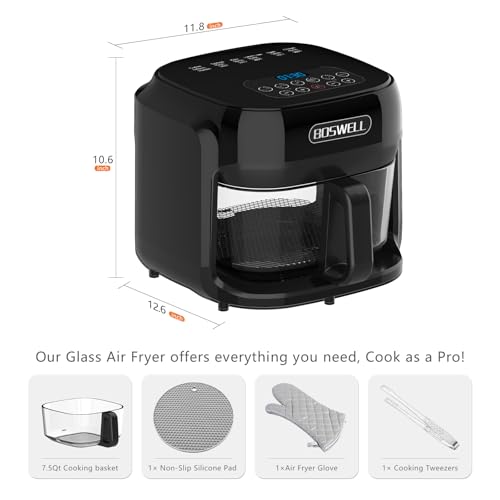 BOSWELL Glass Air Fryer, 7.5QT with Transparent Fry Bowl, Circulating Heating, Temperature Control, Air Fryer Roast, Dishwasher Safe