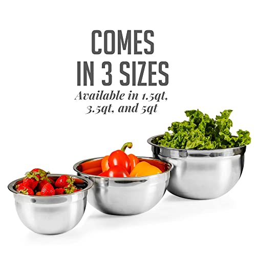 OVENTE Mixing Bowl Set with Lids, 3-Piece Stainless Steel Nesting Bowls for Easy Food Storage, Stackable Design, Kitchen Essential for Baking, Cooking and Prepping, Size 5, 3.5, 1.5QT, Silver BM46333S