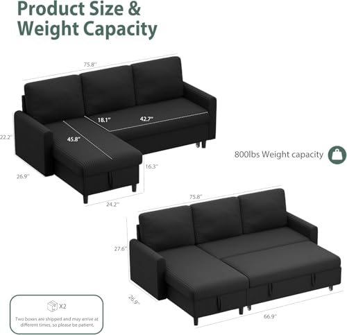 Shintenchi Sofa Bed Sleeper Pull Out 2 in 1 Sectional Sleeper Sofa Couches with Storage, Pullout Sectional Couches for Apartment Living Room, Black