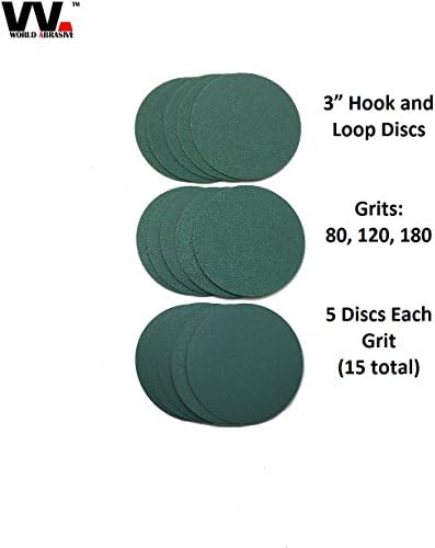 World Abrasive 3" No Hole Film, Hook &amp; Loop Variety Pack - 5 Discs Each of Grits 80, 120, 180