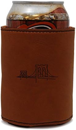 MODERN GOODS SHOP Leather Beer Coozie With Brooklyn Bridge Engraving - Oil, Stain And Water Resistant Beer Hugger - Standard Size Beer And Soda Can Sleeve