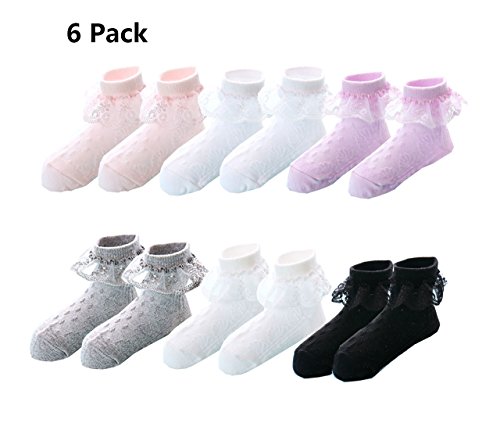 6 Pairs Baby Little Girls Eyelet Frilly Lace Cotton Socks (0m-9T)