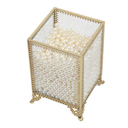 Houseables Makeup Brush Holder, Cosmetic Organizer, 4â€W x 5.5â€H, White Pearls, Brass Jar, Glass Panels, Dressing Table Accessories, Decorative Vanity Storage, Gold Cup, Clear Countertop Container