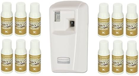 Rubbermaid Commercial 1793532 Microburst 3000 Aerosol Odor Control LCD Dispenser, White, 3.25" Width x 6.63" Height with Cinnamon Spice Refill (12 Pack Bundle (Dispenser+12 Cinnamon Dispenser))