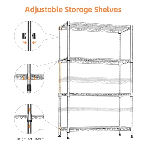 MZG 454kg Capacity Heavy Duty 4-Tier Metal Storage Shelving Unit with Wheels, Adjustable Wire Rack Organizer for Garage, Kitchen, Bathroom, or Laundry (Chrome, 35L x 75W x 120H cm)