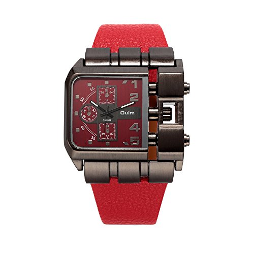 OULM 3364 Brand Original Rectangle Unique Design Men Wristwatch Wide Dial Leather Strap Quartz Watch + In Stock (Red)