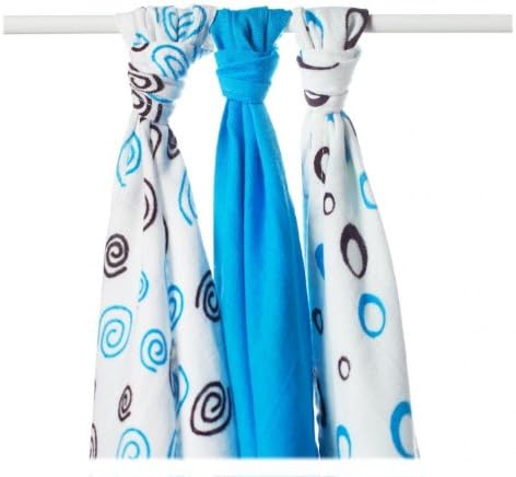 XKKOSpirals & Bubbles – Pack of 3 Muslin Squares with A Embroidered Bamboo, Swirls and Bubbles Blue, 70 x 70 cm, 90 Grams