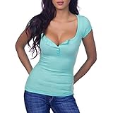 CANIS Women's Low-Cut Henley Button Up Short Sleeve Stretchy Tee Shirt Top