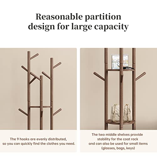 KASLANDI Coat Rack Stand with 3 Shelves and 9 Hooks Rotary Freestanding