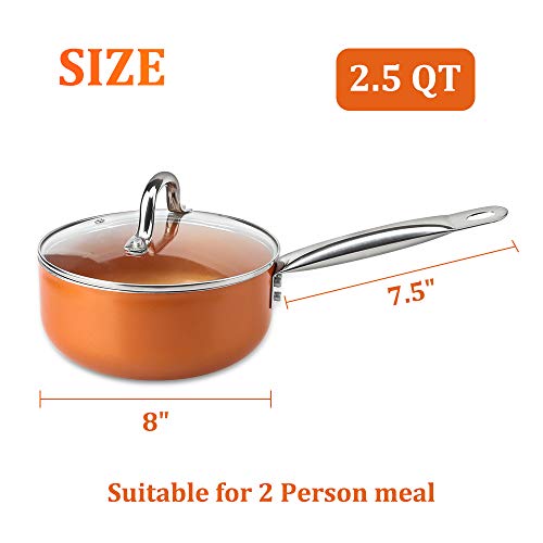 SHINEURI 2.5 qt Copper Saucepan with Lid, Mini Saute Pan with Stainless Steel Handle - Cooking for Soup, Stew, Sauce, Pasta & Reheat Food, Compatible for Induction, Gas, Electric & Stovetops