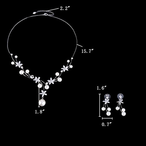 EleQueen Women's Silver-Tone CZ Simulated Pearl Flower Filigree Bridal Necklace Earrings Set Ivory Color