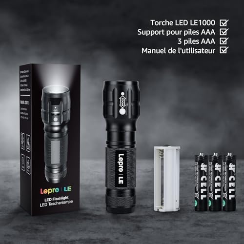 Lepro L8000 Powerful Zoomable Flashlight IPX4 Waterproof Zoomable Torch 3 AAA Batteries Included, Aluminum Military LED Torch for Camping, Hiking, Emergencies, Pack of 2