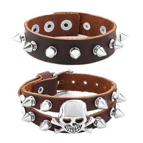 HZMAN 2Pcs Skull Genuine Leather Bracelets for Men Gothic Punk Wide Cuff Bracelet Spike Rivet Brown Leather Wristband Bracelet Jewelry Gift, Adjustable, PSZ24-0222-04B