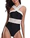 Holipick Women 1 Piece Sexy See Through Mesh Front Criss Cross Color Block Padded Monokini Swimsuit Black L