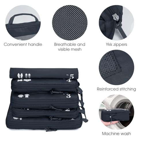 ECOHUB 5 Set Compression Packing Cubes for Suitcase, Tear-resistant Travel Organizer Sets with Shoes Bag, Luggage Packing Organizer, Vacation Travel Essentials & Travel Accessories for Men(Dark Blue)