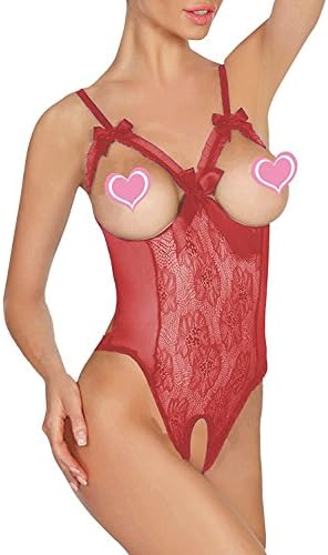 Evefancy Women Sexy One-peice Teddy Lingerie Bodysuit Nightie Open Cup Crotchless (US S/Tag M, Red)