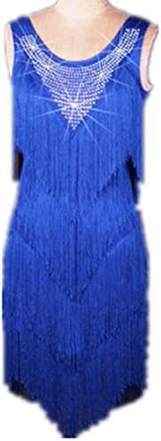 Full Nice Women's Latin Dance Performance Fringe Clothing Sleeveless Tassel Dance Costume Dress(Blue,L)