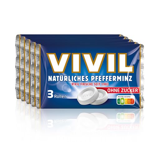 VIVIL Rollen Natürliches Pfefferminz ohne Zucker, 5 x 3er Pack, frische Pastillen mit Pfefferminzgeschmack, zuckerfrei & vegan, 15 x 28g