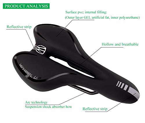 JUHALL Universal Bequem Fahhrad Sattel, Wasserdicht Gel Fahrradsattel mit Atmungsaktiv Design Leder Fahrradsitz Mountain Bike Sitzkisse Damen Herren Schwarz.