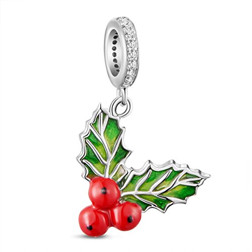 TINYSAND 925 Sterling Silver Christmas Mistletoe Dangle Charm Bead for Charms Bracelets