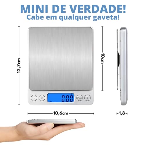 Balança Digital de Precisão para Cozinha 0,1g a 2kg Mini Inox Tara Visor LCD Pilhas Inclusas Confeitaria Café Especial Joias Suplementos Portátil 6 Unidades de Medida