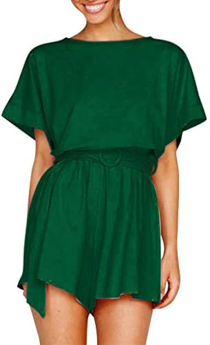 BaZhaHei Women's Round Neck Jumpsuit Short Sleeve Playsuit Casual Clubwear Vest Summer Shorts Loose Beachwear Outfit