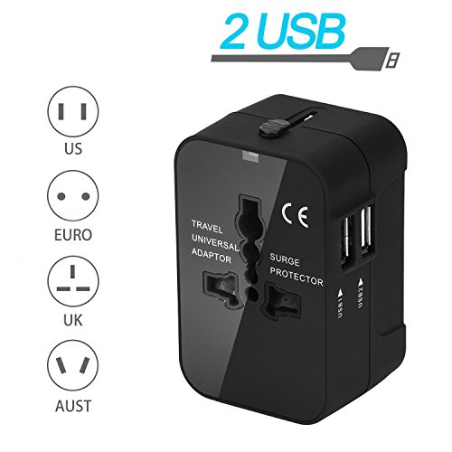 Travel Adapter Wall Charger, fengus Universal All in One Worldwide AC Power with Dual 2 Port USB with US UK EU AU Plug for iPhone, iPad, Samsung, LG, HTC, MacBook Cell Phone Laptop Tablet (Black)