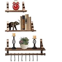 OMISHOME 3 Shelf Floating Wood Shelves - Wall Mounted - Towel Bar - 8 Bonus Hooks - Brown Shelves - Weathered Copper Hangers