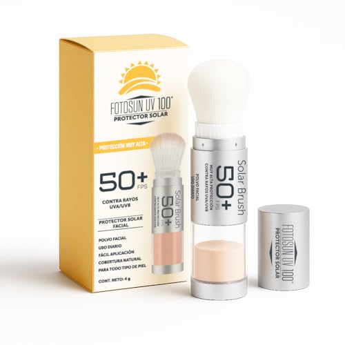 FOTOSUN UV100 Protector Solar Facial en Polvo con Brocha, Bloqueador Solar Matificante FPS 50+, Solar Brush para Rostro 4 g