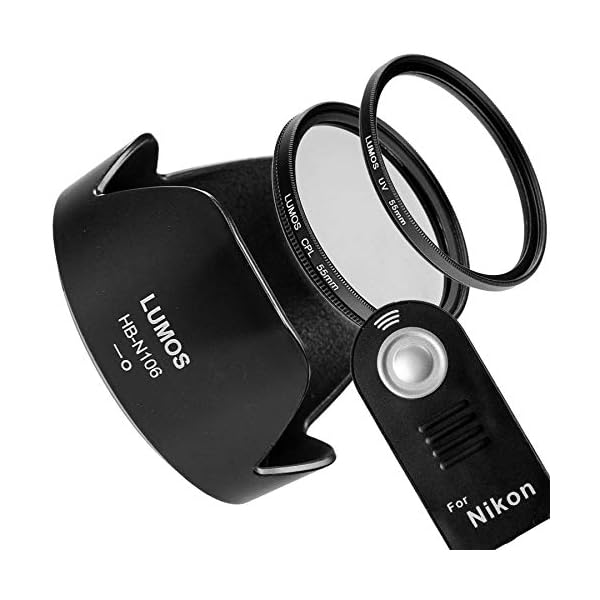 LUMOS Zubehör Set mit Fernauslöser ersetzt Nikon ML-L3 Gegenlichtblende HB-N106 55mm UV Filter & Polfilter | Passt zu AF…