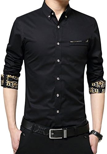 GomyWell Men's Printed Slim Fit Long Sleeve Dress Shirt Formal Button Down Shirt Black(US S,Tag L)