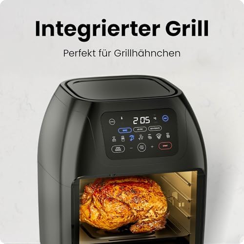 Multifunktionale Digitale Heißluftfritteuse + Rotisserie, Dörrautomat, Konvektion, 17 Touchscreen-Voreinstellungen, XL 10L Familiengröße, Automatische Abschaltung, Großes Sichtfenster, Schwarz