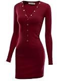 Doublju Womens Slim Fit Button Long Sleeve Mini Dress WINE,M