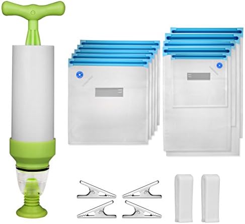 10 pieces Vacuum Sealer Zipper Bags Kit Reusable Food Storage Container-UNIQEE 6 pieces Clip 1 Hand Pump BPA free