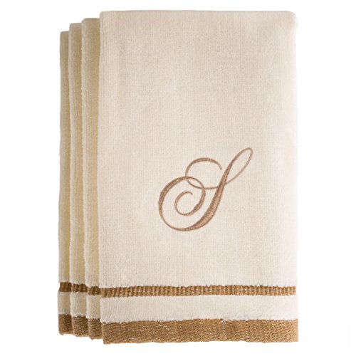 Monogrammed Gifts, Fingertip Towels, 11 x 18 Inches - Set of 4- Decorative Golden Brown Embroidered Towel - Extra Absorbent 100% Cotton- Personalized Gift- For Bathroom/ Kitchen- Initial S (Ivory)