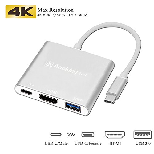 USB C to HDMI 3-in-1 Adapter Digital AV Multiport Adapte USB 3.1 Type C With USB 3.0 Port and USB-C Recharging Portcable Aluminum Housing Supports 4K (Silver)