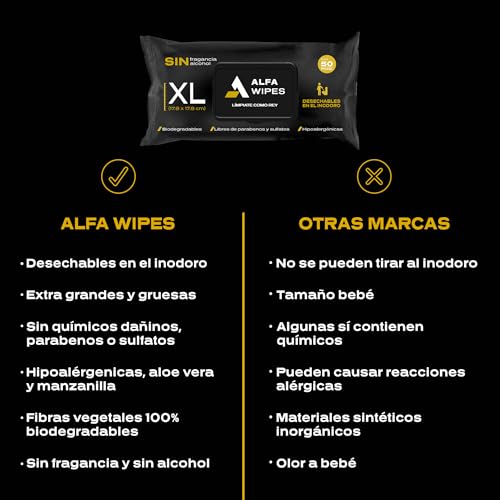 Alfa Wipes Toallitas Humedas para Adulto Extra Grandes y Gruesas, Desechables en Inodoro, Libres de Fragancias, Hipoalergénicas, con Aloe, Vitamina E, Manzanilla | 6 paquetes con 300 toallitas