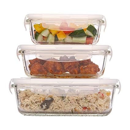Femora Borosilicate Rectangular Glass Food Storage Container With Air Vent Lid-Set Of 3 Pcs - (400ml, 620 ml, 1000 ml)