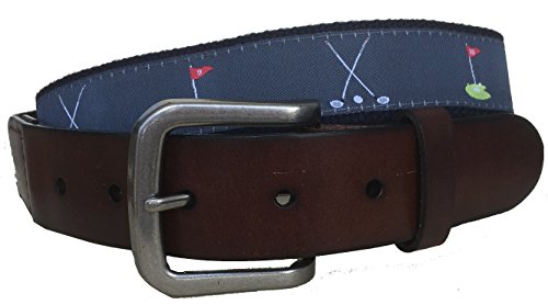 No27 Mens Golf Leather Belt, Leather Tab and Buckle, Dark Gray Golf Ribbon with 9th and 18th Hole