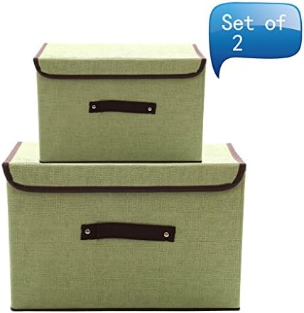 Mocofo Set of 2 Foldable Storage Box with Lids Sage Simple and Handles Storage Basket Storage Houseware Needs Containers Organizer with Built-in Cotton Fabric Closet Drawer Removable Dividers