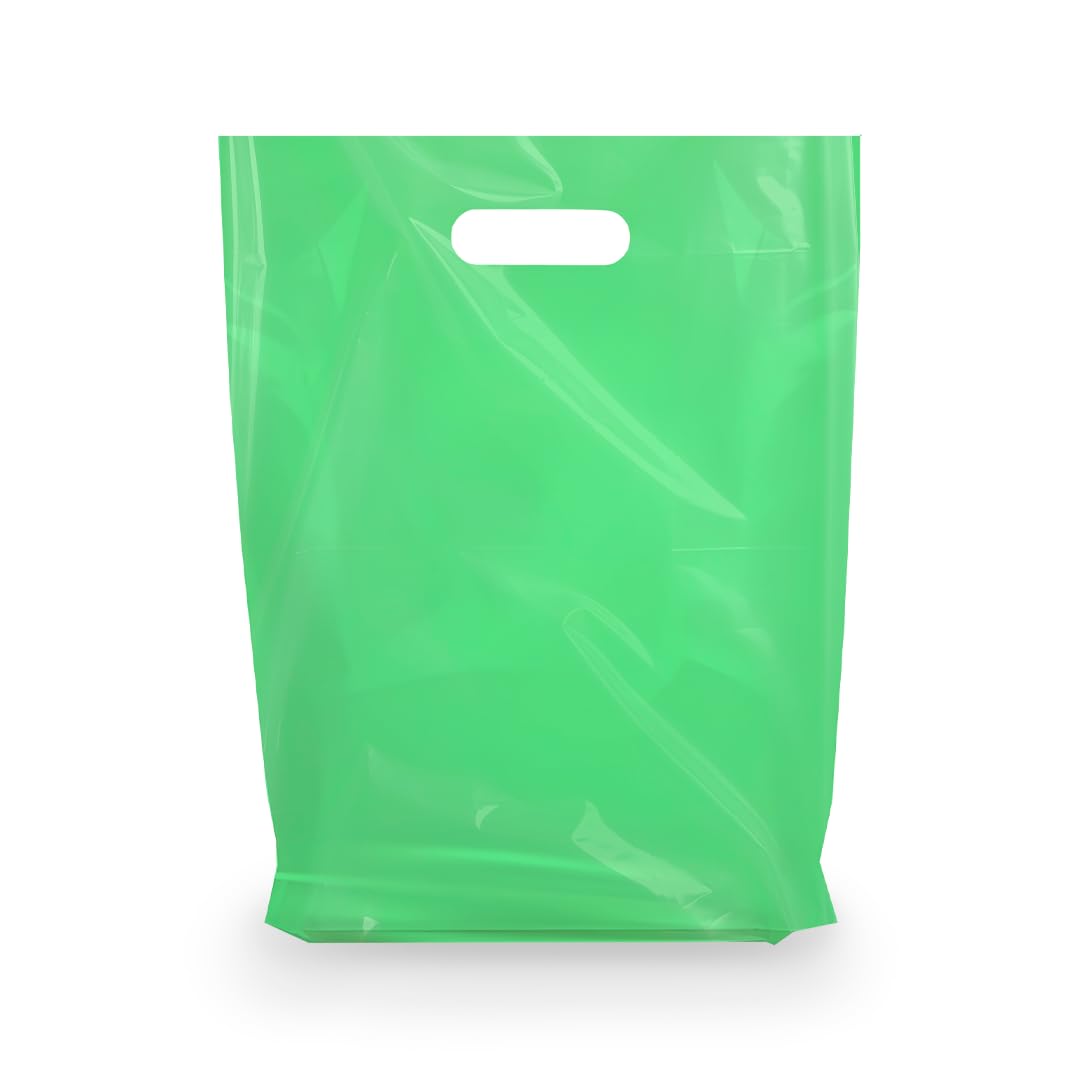 Photo 1 of 100 Merchandise Bags 15x18 Green, Die Cut Handles, Gusset, Strong, Durable, and Tear Resistant Bags Perfect for Retail, Boutiques or Events