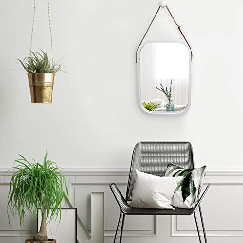 Bathroom Mirror Wall Mount - Bamboo Frame Adjustable Hanging Strap Rectangular Vanity Bedroom Dressing Mirror Hook Offered Home Decor (White, 15.95''x12.99''x0.59'')