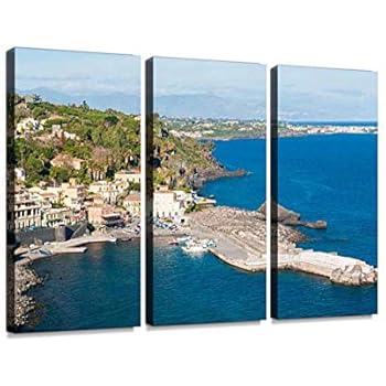 The sea Village of Santa Maria la Scala Sicily Print On Canvas Wall Artwork Modern Photography Home Decor Unique Pattern Stretched and Framed 3 Piece