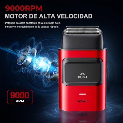 VGR 307 Afeitadora de Lámina Inalámbrica para Hombre, Red de Cuchillas de Titanio de Doble Capa, Afeitadora Eléctrica con Motor de Alto Rendimiento 9000 Rpm, Indicador de Carga y Carga USB, Rojo