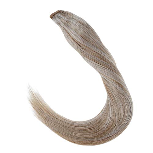 LaaVoo 12" Short Wrap Pony Tail Human Hair Extensions in Color Ash Blonde Mixed Bleach Blonde Remy Brazilian One Piece Ponytail Hair 70g
