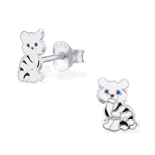 Cute White Tiger Studs Earrings Small Girls 925 Stering Silver (E26314)